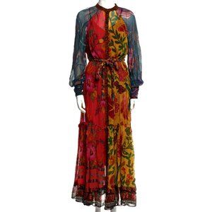 Farm Rio Mixed Prints Button Down Maxi Dress Belted Multicolor Floral Large NWT